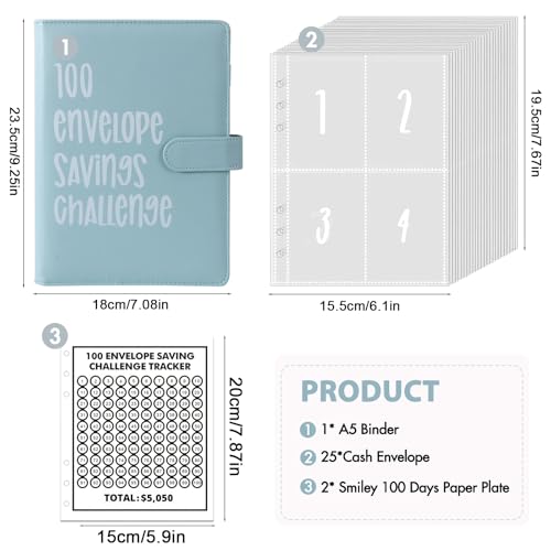ALLOMN 100 Briefumschläge, A5 Geldsparung Geldordner Organizer Geldsparmappe mit transparenten Geldumschlägen und Magnetknopf für Paare, Büros, Zuhause, Schule (Blau)