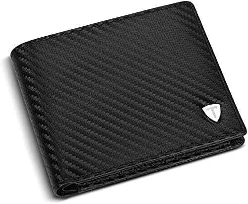 TEEHON® Wallets mens, Leather Wallet, RFID Blocking wallet, Carbon Fibre Bifold Card Holder, Wallets for Men with Coin Pocket, 2 Banknote Compartments, 8 Credit Card Holders, Mens Wallet with Gift Box, Black, 11.8 x 9.5 x 1.8cm, Minimalist