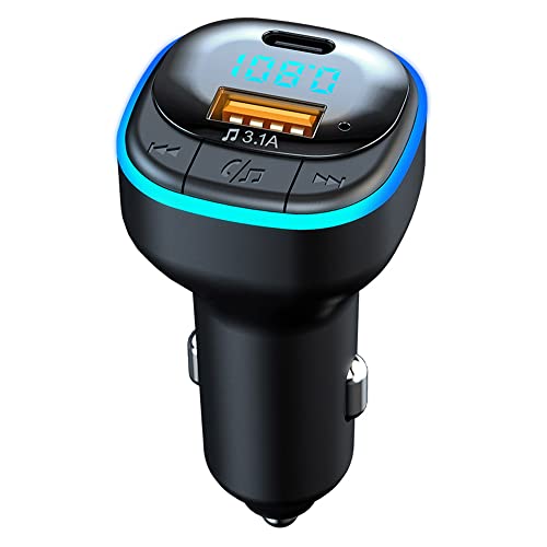 OHITEC Bluetooth 5.0 FM Transmitter for Car, Hands Free Calling, Built-in Over-Current Protection, 5V/3.1A Quick Charger & Blue Colors LED Backlit Car Radio Bluetooth Adapter, Support USB Disk