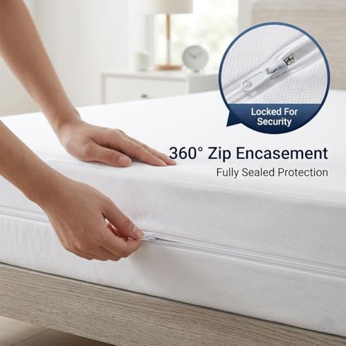 Image of 100% Waterproof Single Size Zipper Mattress Encasement - Ultra Soft & Breathable Six-Sided Bed Cover, Dustproof Noiseless Fitted Design, 78x36 Inch (6x6 Feet), Fits Up to 6 Inch Mattress, White
