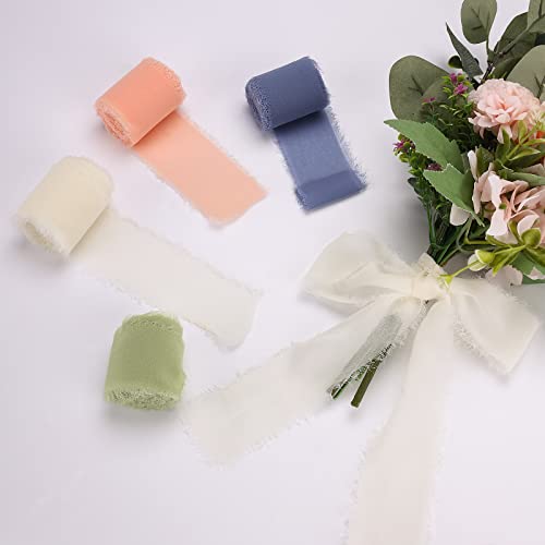 Jocecor 4 Rolls Handmade Fringe Chiffon Ribbon, 1-3/4" X 7 Yard Silk Ribbons For Crafts, Bridal Bouquet Wrap, Fabric Ribbon For Gift Wrapping, Wedding Invitations Christmas Birthday Decor #TOP2