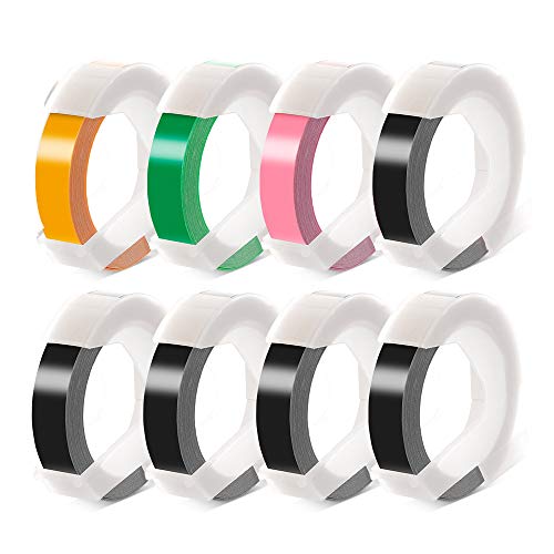 Label KINGDOM Compatible Embossing Label Tape Replacement for Dymo Embossing Label Maker Xpress 3D Plastic Labels, 3/8 Inch x 9.8 Feet (Each Roll), White on Black/Green/Yellow/Pink, 8-Pack