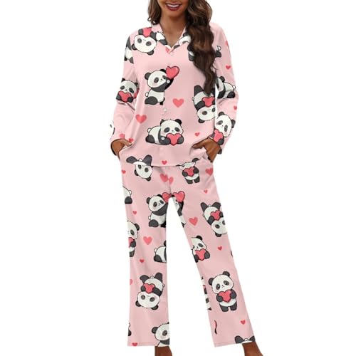Sellikakes Panda Heart 2 pcs Slik Women's Pajamas Lounge Set Comfy Homewear Valentine's Day Casual Long Sleeve Button Up Shirt and Long Pant Pajama Set Nightwear Lounge Set