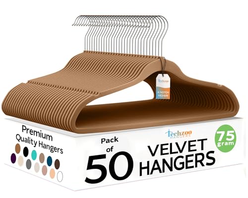 Image of Techzoo 50 Pack New Premium Quality Velvet Hangers Ultra Thin Non Slip Adult Felt Space Saving Hangers for Closet Heavy Duty Coat Pants Jackets Dress Hangers 360 Swivel Hook Hold Upto 10 lbs Bronze