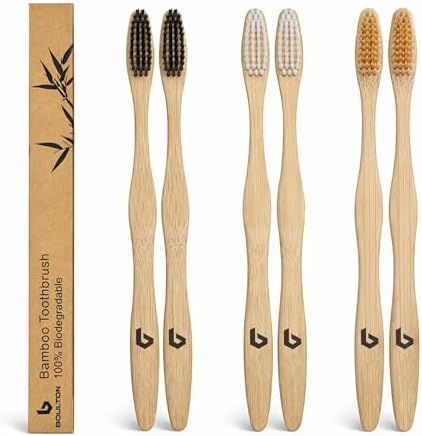 BOULTON Bamboo Toothbrushes – Pack of 6 | Eco Friendly Natural Wo...