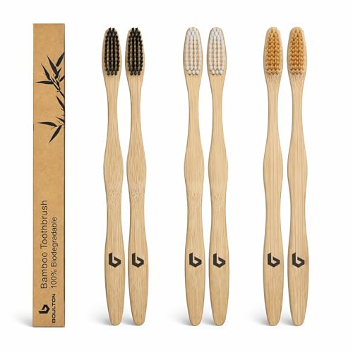 BOULTON Bamboo Toothbrushes Pack of 6 | Eco Friendly Natural Wooden Toothbrush | Organic Biodegradable Handle | Plastic Free BPA Free Tooth Brushes | Natural Tooth Brush with Soft Bristles