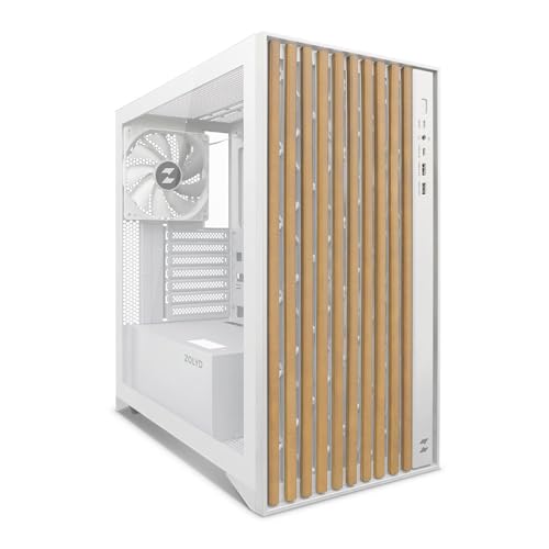 Zolyd Dynaria - Caja ATX con Panel Frontal de Madera, Cristal Templado, Ventilación Optimizada, 3 Ventiladores incluidos, Compatible con Refrigeración Líquida hasta 390mm, USB 3.0, Color Blanco