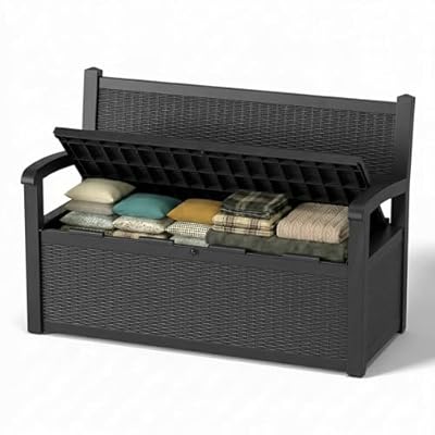 Vixzen 80 Gallon Outdoor Storage Bench Deck Box, Lockable All-Weather Resin Seating Outside Benches, Waterproof Furniture Garden Patio Porch Cushion Pool Tool Black