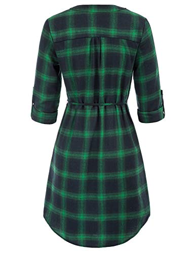 Kate Kasin Women Plaid Mini Shift Dress Belted Roll Up Sleeves Tunic Dress Casual Loose Fit #TOP1
