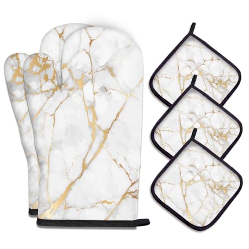 MCALK 5 Pcs Luxury Gold Marble Oven Mitts and Pot Holders Sets, Modern Vintage Oven Gloves and Hot Pads for Kitchen Cooking, White Marble Oven Mitt is Both Functional and Decorative