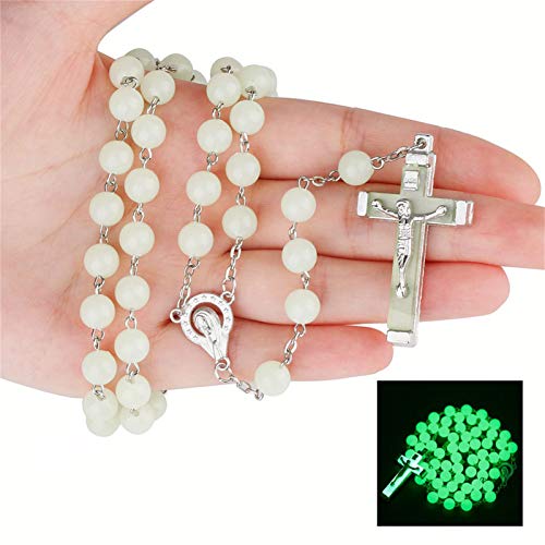 Pingyongchang Glow in The Dark Rosary Luminous Necklace Glow in The Dark Cross Y Necklaces Catholic Round Beads Religious Jesus Crucifix Rosary Chains for Women Men3