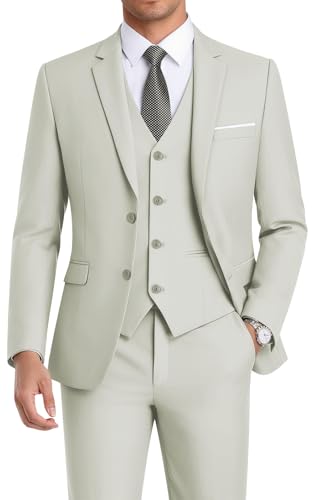 WEEN CHARM Suits for Men,3 Piece Slim Fit Suit Set with 2-Button Blazer,Vest,Pants,Tuxedo for Wedding,Prom,Party,Business Light Khaki