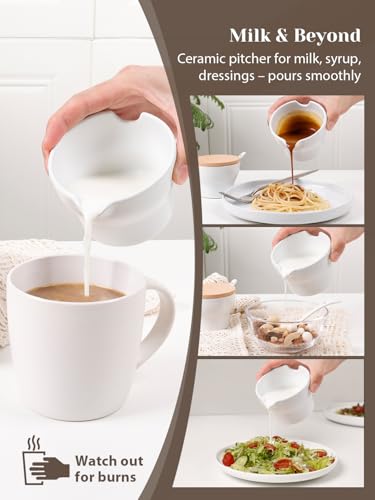 INGOFIN Ceramic Sugar and Creamer Set with Lid and Spoon, 3-Piece Porcelain Creamer Pitcher Milk Jug and Sugar Bowl for Coffee Bar, Tea Time, Kitchen Serving,3.5oz & 6oz, Dishwasher Safe, Modern White