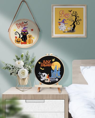 Image of Halloween Embroidery Kit for Adult, 3 Sets Embroidery Stitch Practice kit | Include Embroidery Cloth Hoops Threads for Craft Lover Hand Stitch