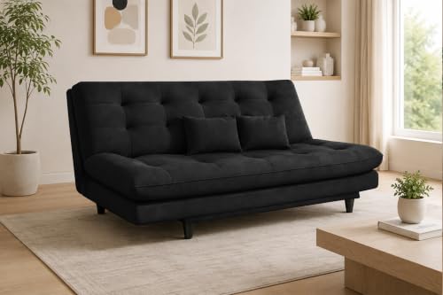 Image of 3-Seater Velvet Sofa Cum Bed | Tufted Convertible Sleeper Sofa | Plush Cushioned Seating | Space-Saving Design for Living Room, Bedroom & Office | Black