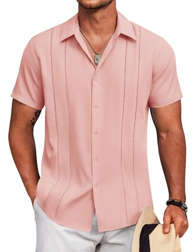 Image of COOFANDY Mens Cuban Guayabera Shirt Short Sleeve Button Down Shirts Summer Beach Vacation Shirts