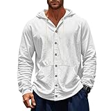 Hooded Long Sleeve T Shirt Men Cotton Linen Button Down Shirt Summer Casual Hawaiian Beach Tops Lightweight Fashion Hoodies with Pockets White Large