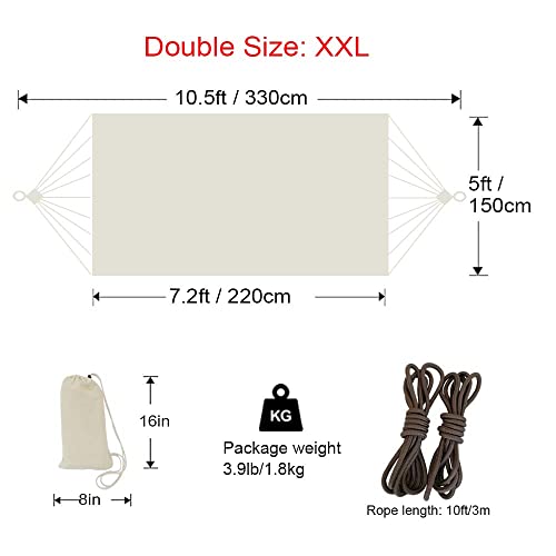 GOCAN Brazilian Double Hammock 2 Person Extra Large 220x150cm Total Length 330cm Load 300kg Canvas Cotton Hammock for Patio Porch Garden Backyard Lounging Outdoor and Indoor(Beige) XXL