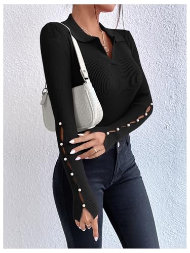 Verdusa Women's Pearl Sweaters Split Long Sleeve Collar V Neck Fitted Pullovers4