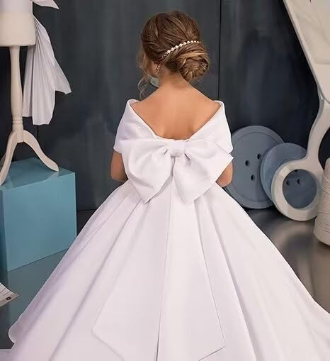 Satin Flower Girl Dresses for Wedding Off Shoulder First Communion Dress Long Ball Gown with Bow4