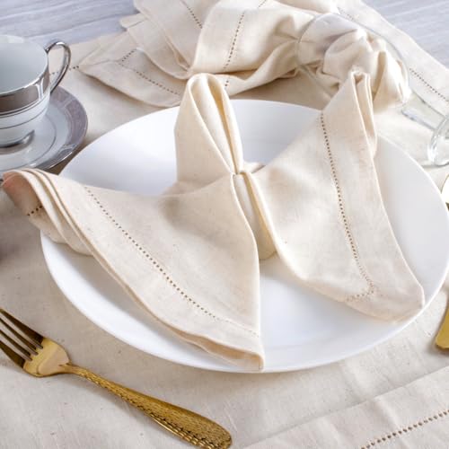 Image of FINGERCRAFT Table Napkins Hemstitched Cotton Linen Blend Fabric - Set of 6, 20x20 Inch, Cloth Napkins Durable & Elegant for Parties, Hotels, Everyday Use (Ivory Flax)