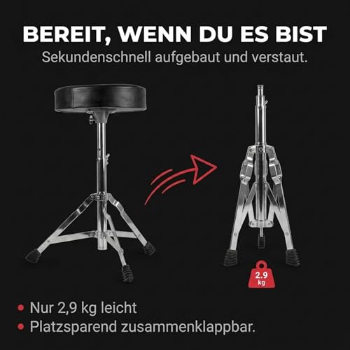 Technote RockJam Verstellbarer Schlagzeughocker, gepolsterter Drehsitz für akustische und elektronische Drumsets, 45-55 cm Höhe, klappbar, Schwarz