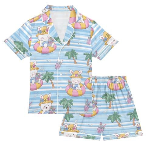 Cute Rabbit Palm Tree Blue Pajamas Set Soft Pjs Sets 2 Piece Short Sleeve Sleepwear Casual Loungewear