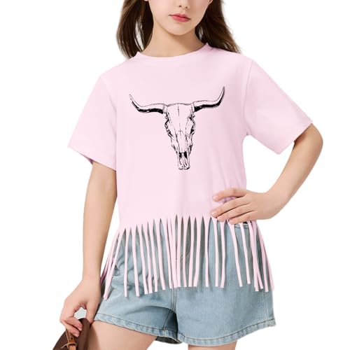 Image of Wrenpies Girls Western Fringe Shirt Long Live Cowgirls Country Rodeo Shirts Kids Cow Skull Graphic Tees Tassel Fringe Tops