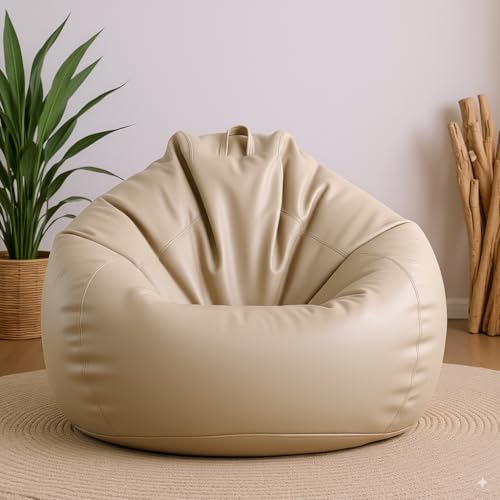 Image of 5XL Premium Leatherette Bean Bag with Rectangular Footrest & Cushion | High Density EPS Beans Filled | Teardrop Shape with Handle | 6 Months Warranty (Cream, 5XL Single, Solid)