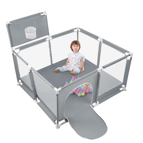 MUL-BUTIQUE Parque Bebe Modulable, Parque Infantil Plegable, Parque de Juegos Bebé, Equipado con soporte de baloncesto y 50 Globos, estructura estable y fácil de instalar (gris oscuro, 126 x 126 cm)