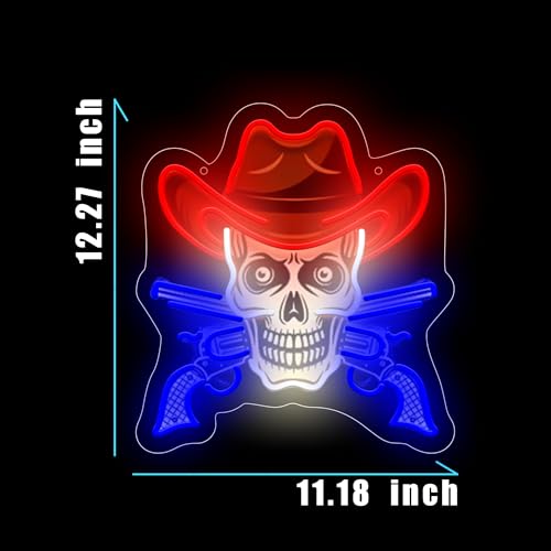Image of Skull With Gun In Cowboy Hat Neon Sign For Wall Decor, Colorful UV Printed Neon Light with Retro Design, LED Artwork for Bar, Bedroom, Game Room, Man Cave Party Decoration Holiday Birthday Gifts