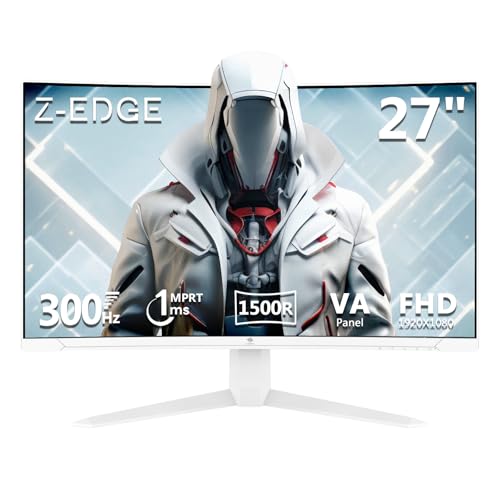 Z-Edge Curved Gaming Screen 27 Inches 300Hz (DP1.4 × 2), 1ms MPRT, FreeSync, FHD, 240Hz (HDMI2.0 × 2), White LED Gaming Monitor 16:9, Adjustable Tilt, 1500R VA, 4000:1, VESA (DP Cable Included)