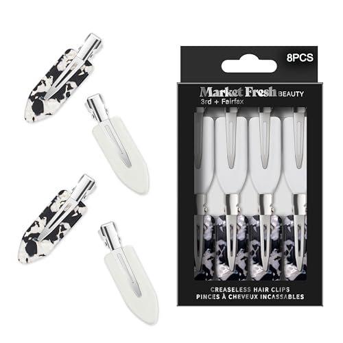 Market Fresh Beauty Creaseless Hair Clips, 8 Pack - No-Crease Hair Styling Clips for Sectioning, All Hair Types, Heat Styling & Makeup Application - White & Marble Clips, Non-Slip & Durable Design