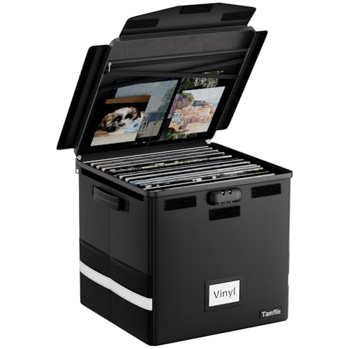 Tamfile Schallplatten-Aufbewahrungsbox, feuerfeste Vinyl-Schallplatten-Aufbewahrungsbox mit Schloss und wasserdichtem Reißverschluss, zusammenklappbar, tragbarer LP-Organizer, hält bis zu 100+ 12