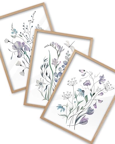 iHery Natural OAK Wood Framed Blue Floral Wall Art, 12x16 in Set of 3 Colorful Wildflower Canvas Prints, Beige Narrow Frame Botanical Watercolor Flowers Decor For Bedroom Living Room