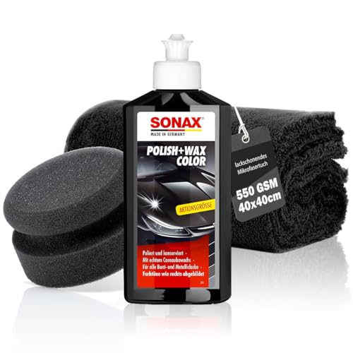 Sonax Polish & Wax Color Kit de polissage pour voiture Noir 250 ml + éponge de polissage + chiffon de polissage | Pâte de polissage pour peintures métalliques foncées pour enlever les petites rayures