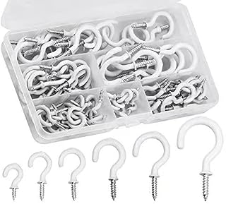 JXMTING 85 Pcs Cup Hooks Kit, 6 Size Ceiling Hooks Metal Screw in White Vinyl Coated Screw Hooks for Hanging Coffee Cup Plant Indoors Outdoors