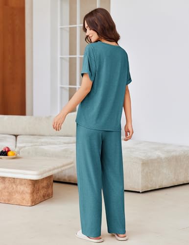 Image of Ekouaer Pajamas for Women Set 2 Piece Short Sleeve Tops with Long Pants V Neck Soft Pjs Casual Lounge Set with Pockets