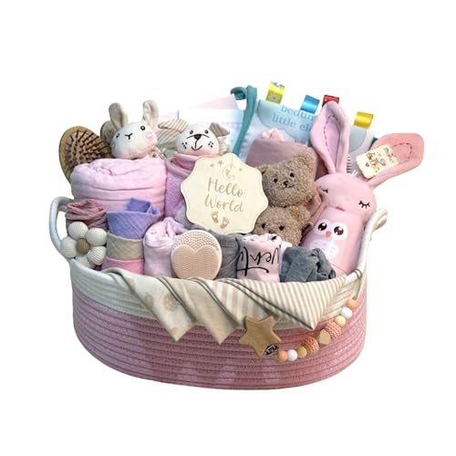 Baby Geschenk 30-teilig - Großer Geschenkkorb, ideal als Neugeborenen Geschenk für Jungen & Mädel. Enthält: Kapuzenbadetuch, Baby Set, Kuscheltier, Rassel, Kamm und Grußkarte (Beige+ Khaki)