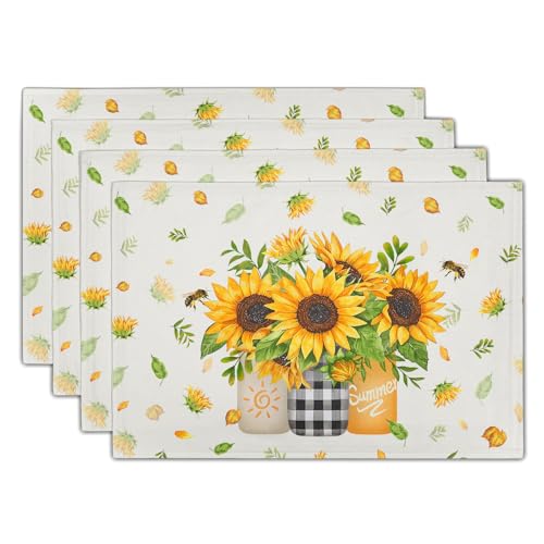 Giwawa Sunflower Vases Placemats Set of 4 Summer Bee Yellow Floral Mason Jar Place Mat 12x18 Inch Stain Heat Resistant Linen Table Mats for Kitchen Dining Seasonal Party Decor