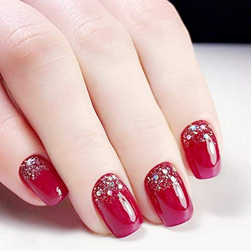 24 Pcs Set Wine Red Chic Glitter Bling Short Press On Nails Artifical Nail Tips with Glue and Adhesive Tab