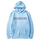 Sudadera con capucha de manga larga para hombre con estampado parcial y bolsillo grande, azul celeste, S