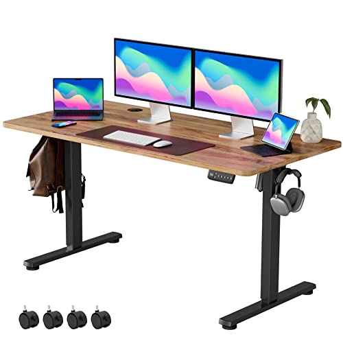Vosatron Height Adjustable Electric Standing Desk, 55 X 24 Inches Sit Stand Up Desk With Splice Board, Memory Computer Home Office Desk With Caster Wheels, Black Frame/Walnut Top #TOP5
