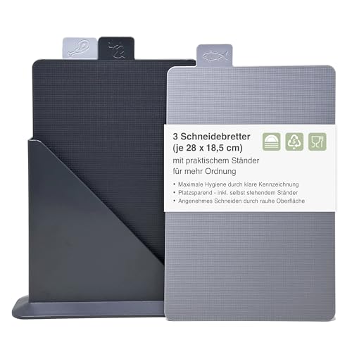 Sanni Shoo Schneidebrett Set (3er Set) Hygienische Schneidebretter mit Ständer (28x18 5cm) - Schneidebretter spülmaschinenfest & BPA-frei