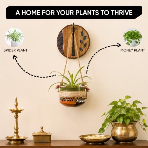 Image of AAKRITI ART CREATIONS Wall Hanging Planter with Hook | Jute Embellished Earthen Planter on Round Hook, Floral Art, Matte Finish | Wooden Decorative Hanging Pot for Indoor & Outdoor Home Decor