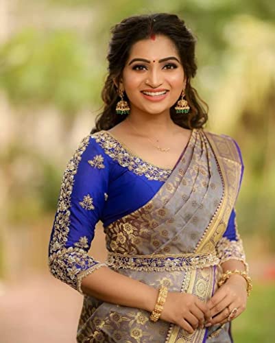 Image of Flosive Women's Present Banarasi Soft Lichi Silk Saree Beautiful Jacquard Rich Pallu Design Work Zari Woven Ayn Kanjivaram Silk Style Saree With Soft Lichi Silk Blouse Piece (Royal Blue)