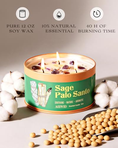 Image of AOOVOO 2 Pack Sage & Palo Santo Candles for Cleansing - 3 Wick 12oz Large Scented Candle with Amethyst Crystals, Sage & Palo Santo Inside, Non-Toxic Soy Candles for Meditation Spiritual Healing Gift