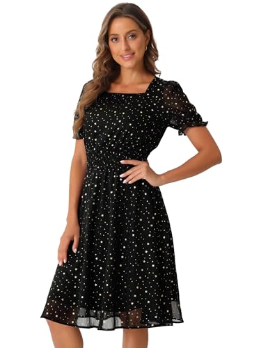 Image of Allegra K Party Midi Dress for Women Ruffle Short Sleeve Elastic Waist A-Line Metallic Star Dresses