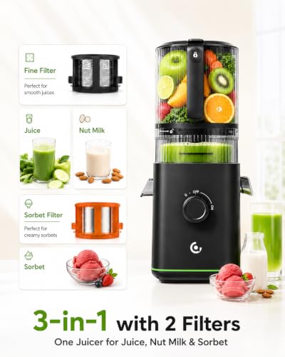 Image of AMZCHEF Juicer Machines, 3-in-1 Cold Press Juicer for Juice, Nut Milk & Sorbet, 6.0 inch&90oz Self Feeding Chute Fits Whole Fruits & Vegetables,Triple Filtration, High Yield, Quiet Motor, Easy Clean
