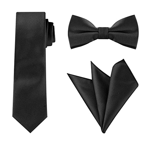 Cravate en satin noir homme avec nœud papillon et pochette de costume pour mariage et affaires